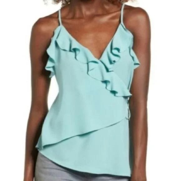 LEITH BABY BLUE WRAP SHIRT WITH RUFFLE DETAIL SZ SMALL - Picture 6 of 6